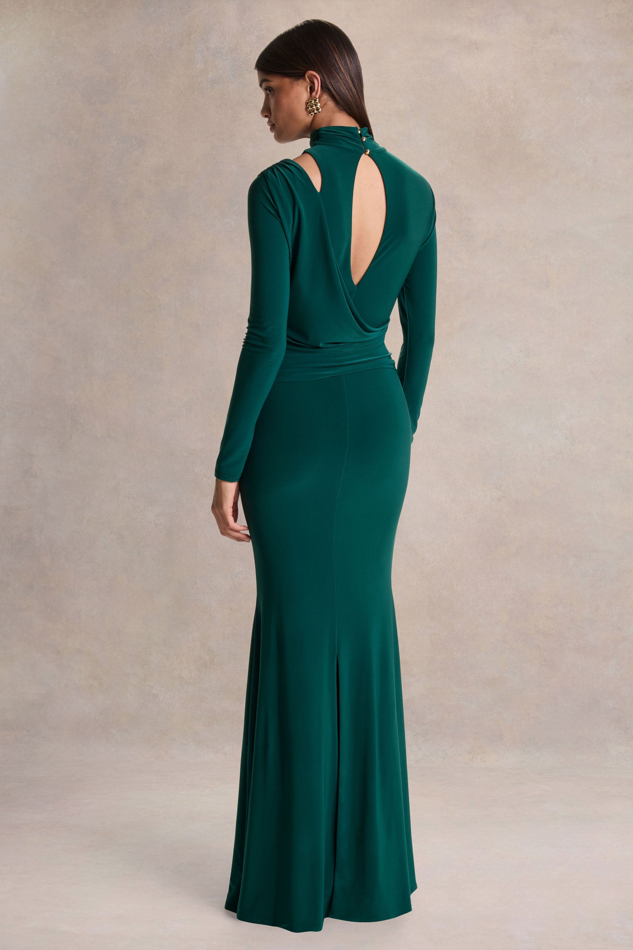 Dark Green High Neck Ruched Maxi Dress – Luxury Wedding Guest Evening Gown