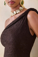 Brown Lace Asymmetric Neckline Maxi Dress – Luxury Wedding Guest Evening Gown