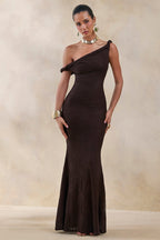 Brown Lace Asymmetric Neckline Maxi Dress – Luxury Wedding Guest Evening Gown