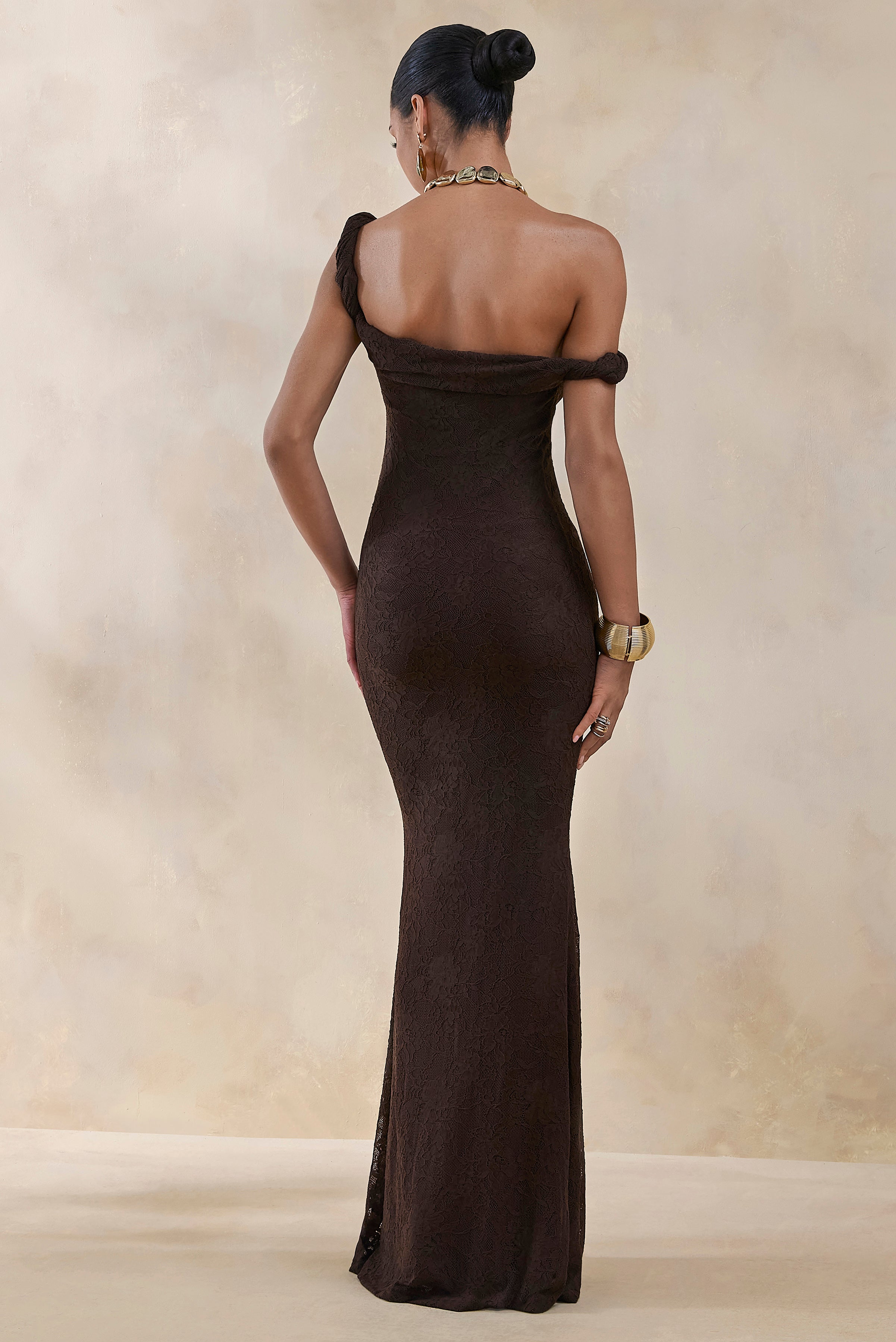 Brown Lace Asymmetric Neckline Maxi Dress – Luxury Wedding Guest Evening Gown
