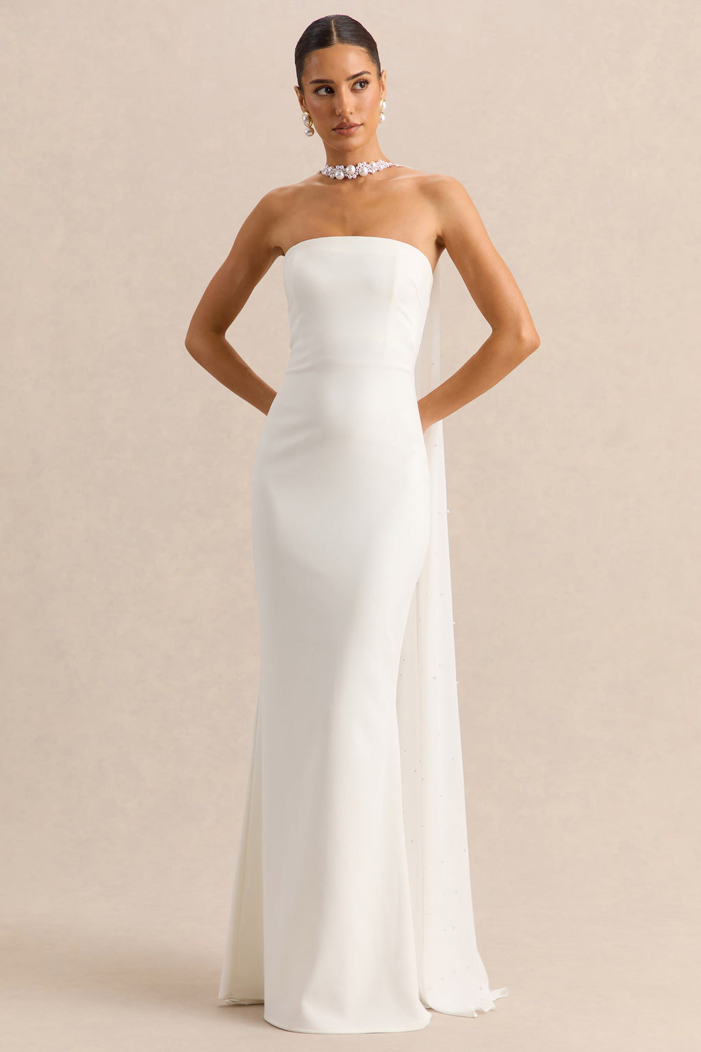 White Bandeau Cape Embellished Maxi Dress – Luxury Wedding Guest Evening Gown