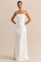 White Bandeau Cape Embellished Maxi Dress – Luxury Wedding Guest Evening Gown