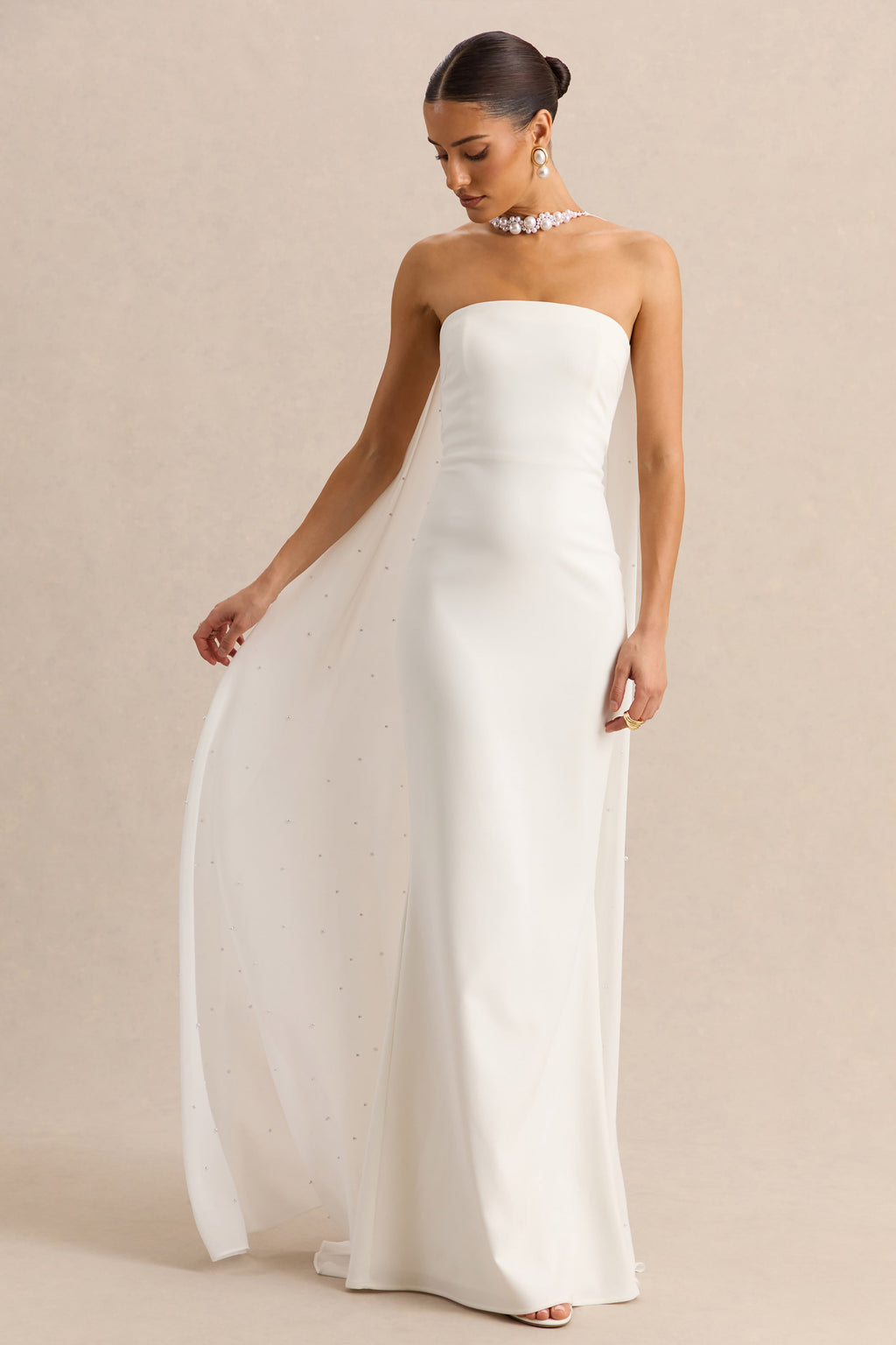 White Bandeau Cape Embellished Maxi Dress – Luxury Wedding Guest Evening Gown
