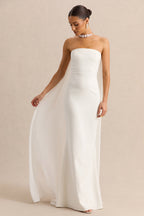 White Bandeau Cape Embellished Maxi Dress – Luxury Wedding Guest Evening Gown