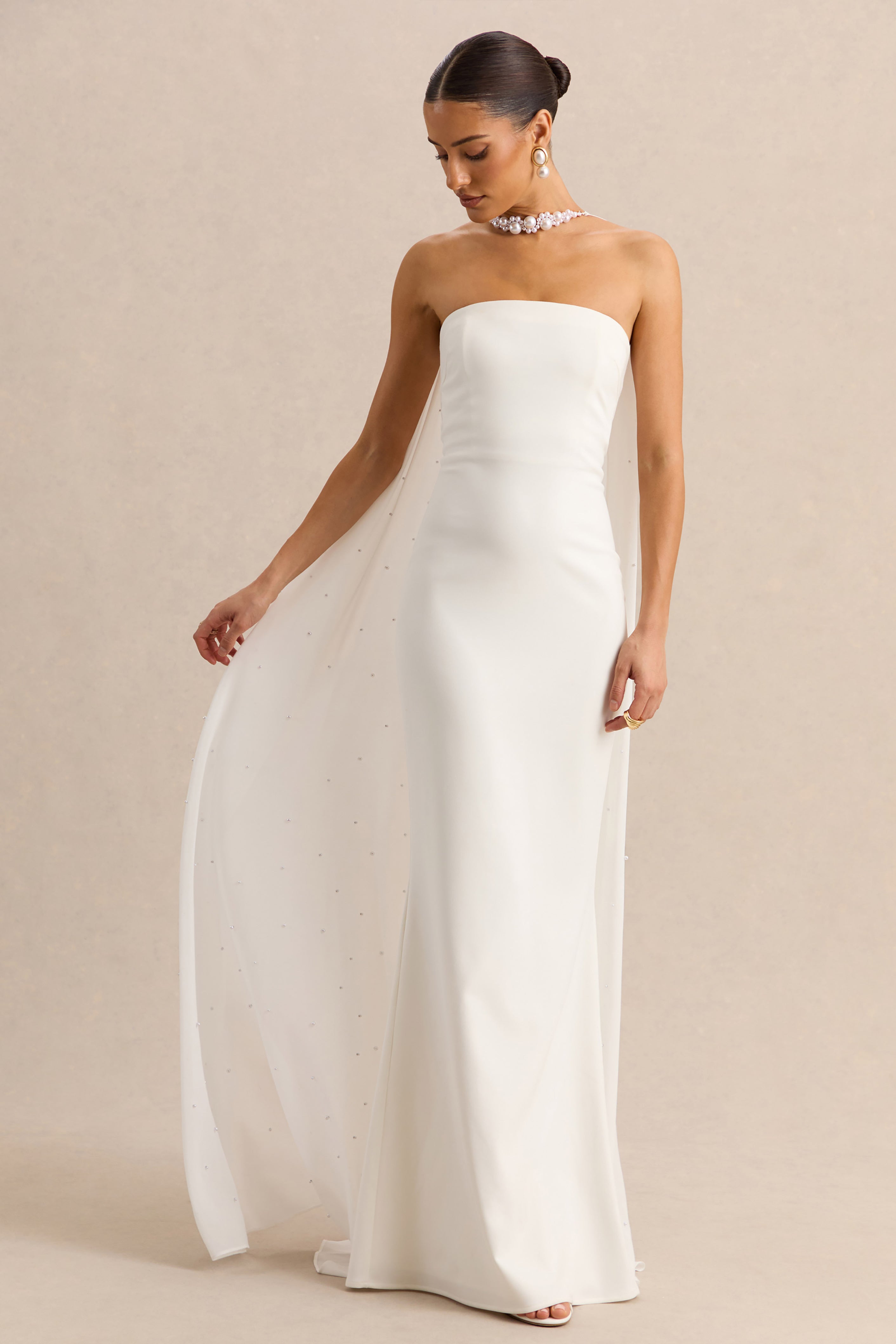White Bandeau Cape Embellished Maxi Dress – Luxury Wedding Guest Evening Gown