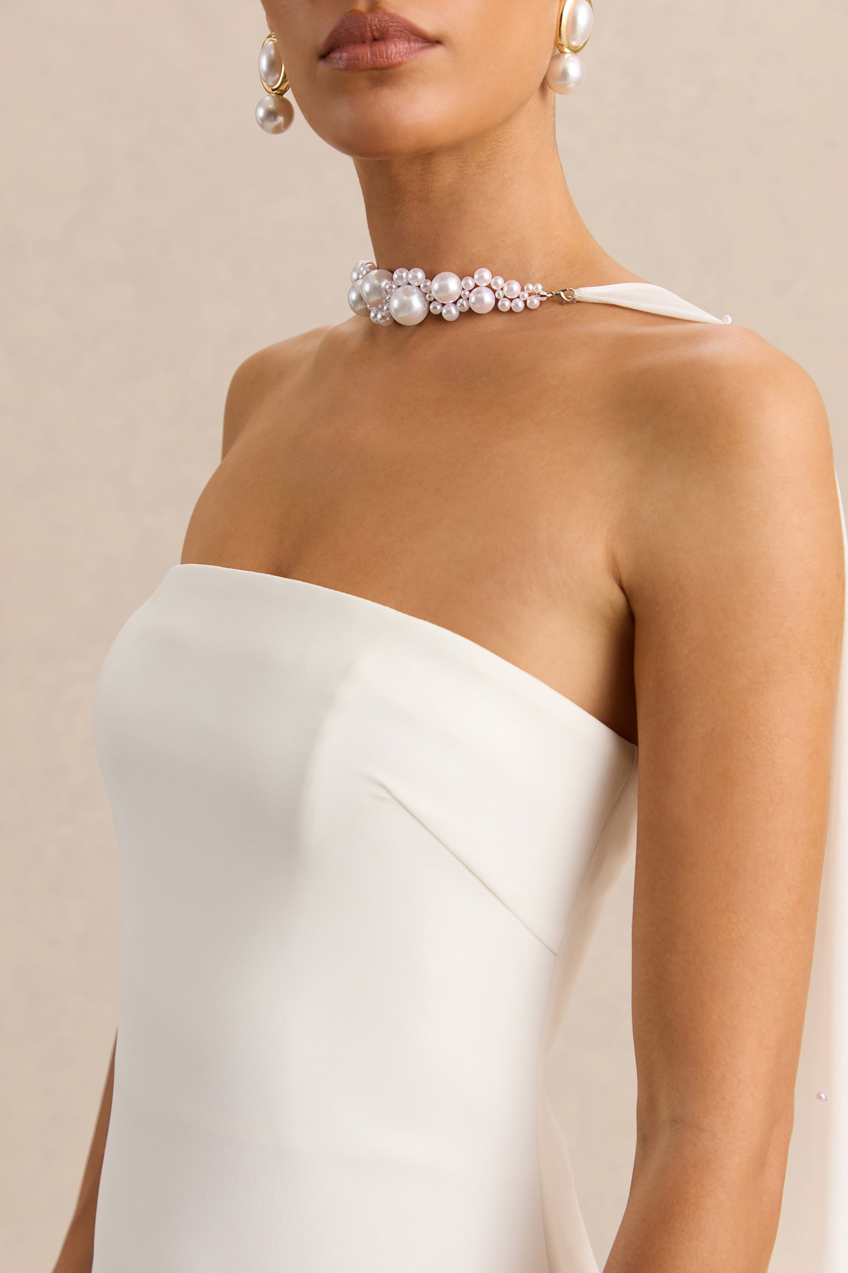 White Bandeau Cape Embellished Maxi Dress – Luxury Wedding Guest Evening Gown