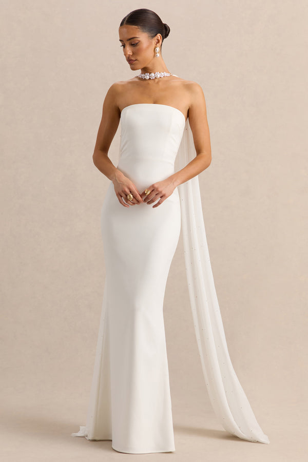 White Bandeau Cape Embellished Maxi Dress – Luxury Wedding Guest Evening Gown