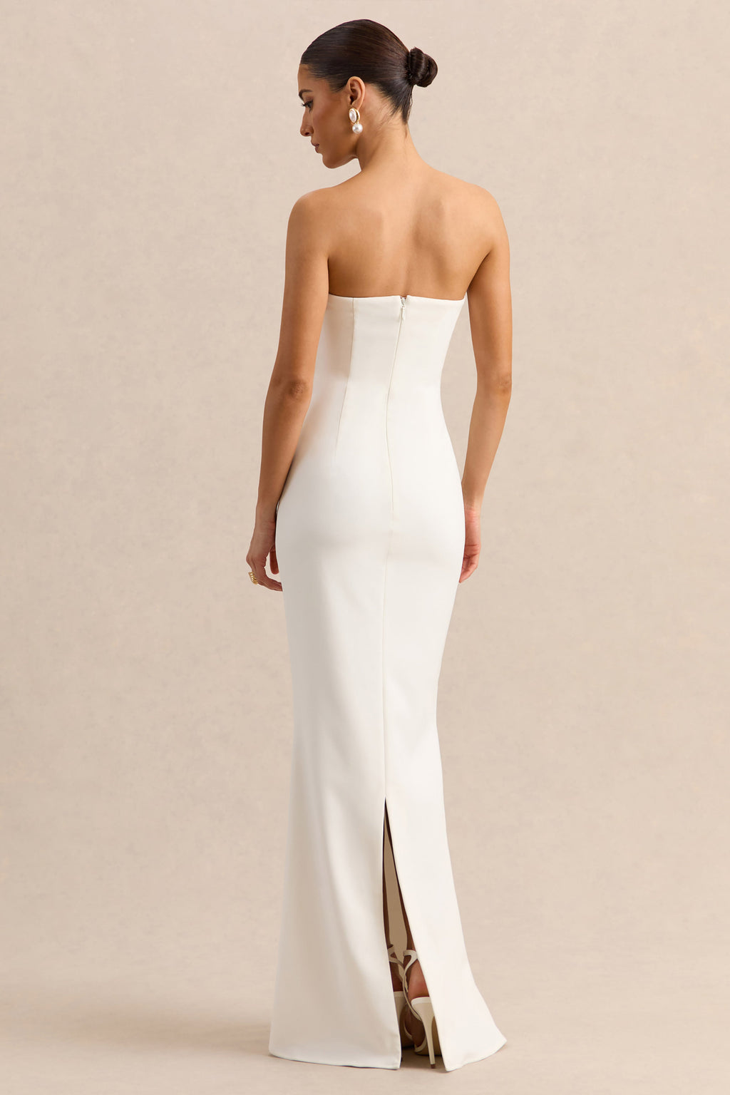 White Bandeau Cape Embellished Maxi Dress – Luxury Wedding Guest Evening Gown