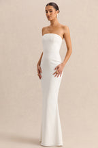 White Bandeau Cape Embellished Maxi Dress – Luxury Wedding Guest Evening Gown