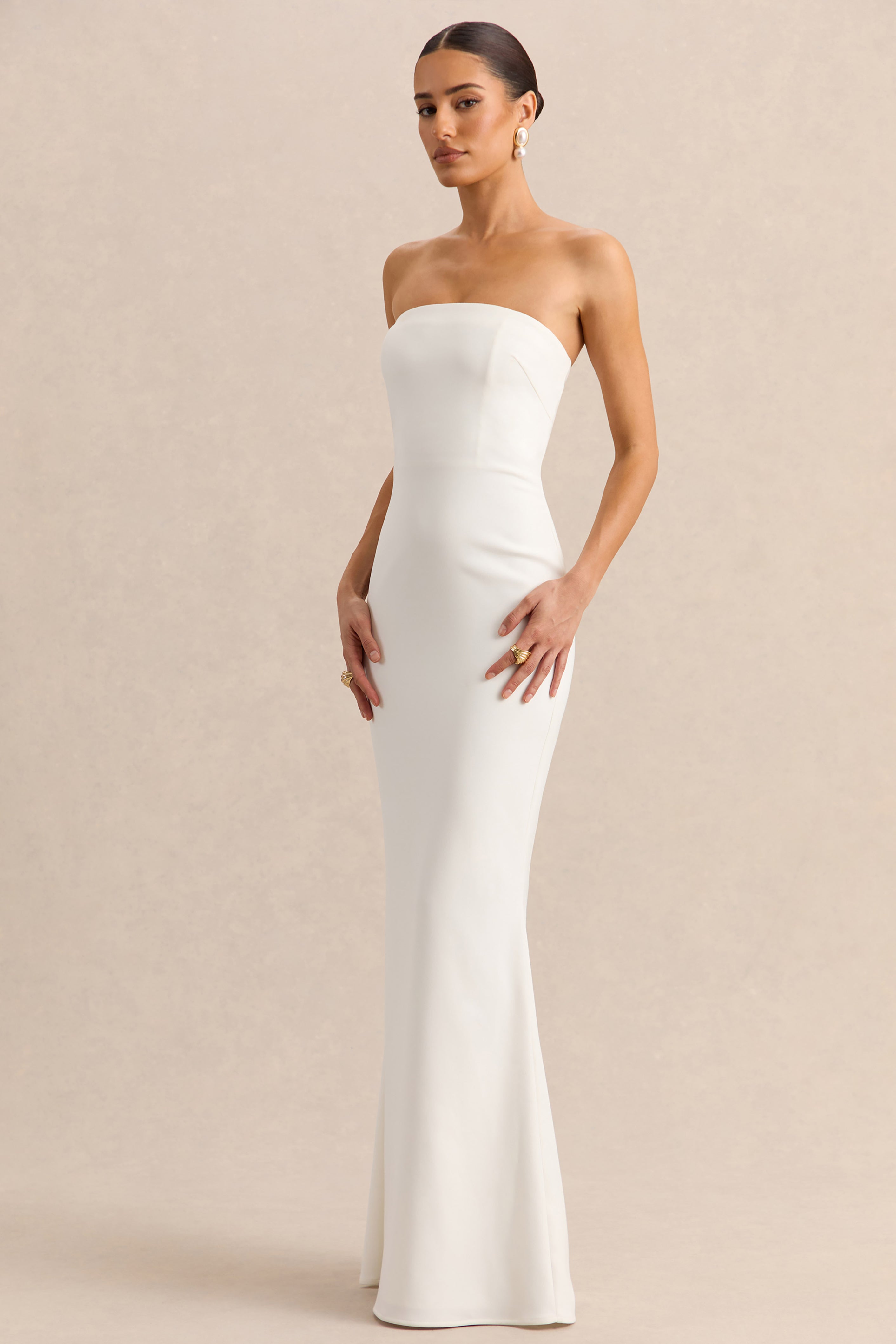 White Bandeau Cape Embellished Maxi Dress – Luxury Wedding Guest Evening Gown