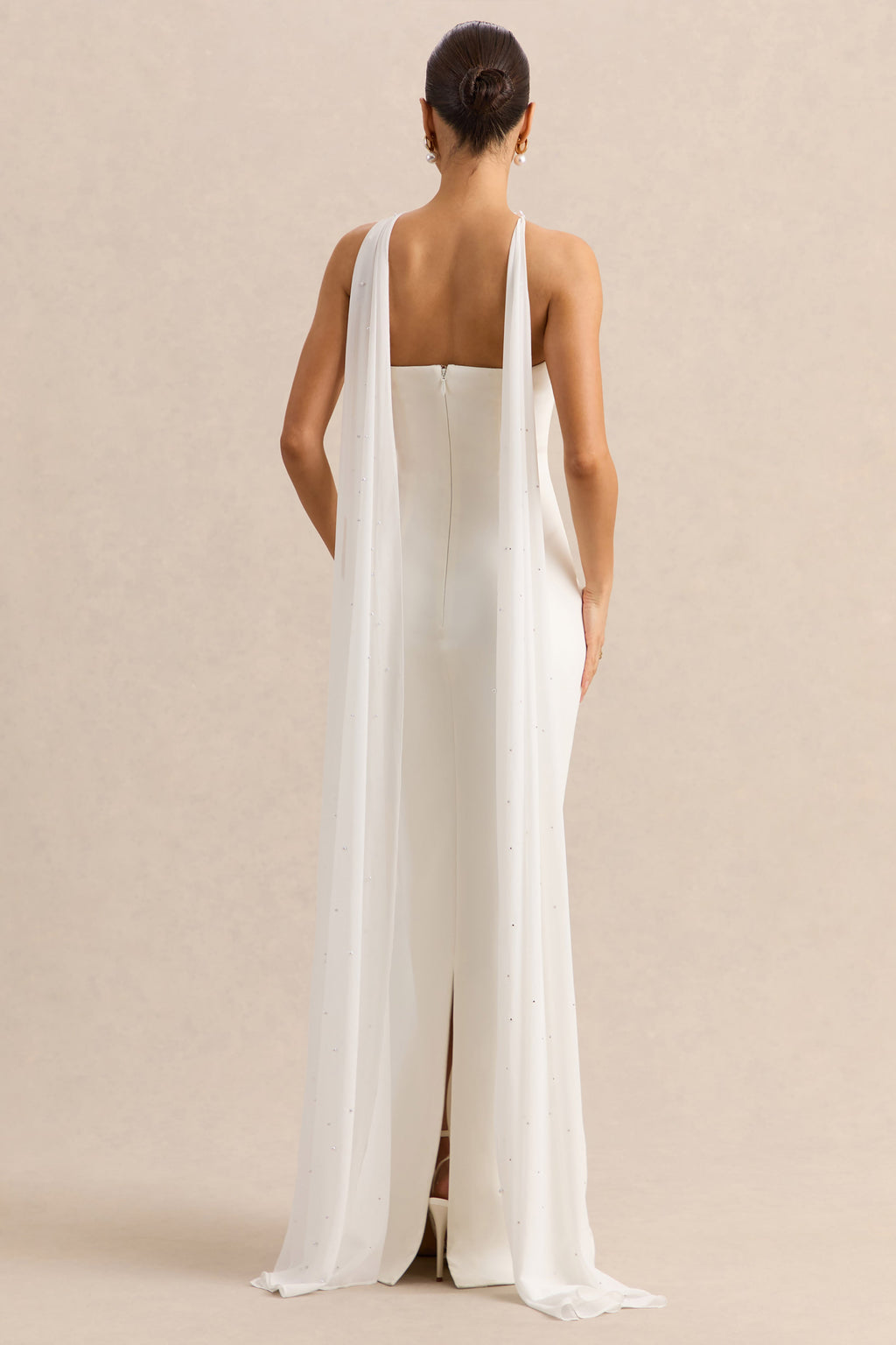 White Bandeau Cape Embellished Maxi Dress – Luxury Wedding Guest Evening Gown