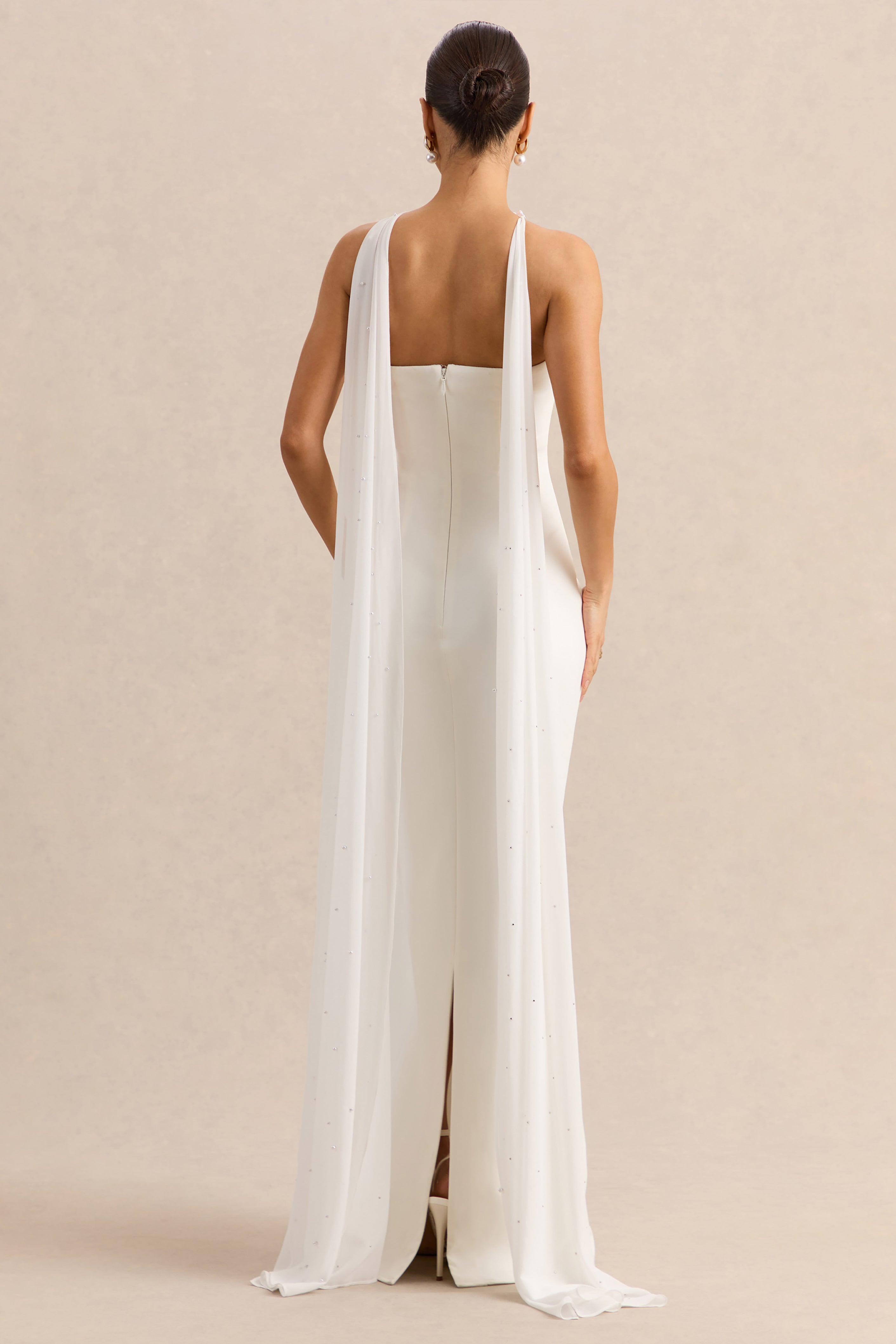White Bandeau Cape Embellished Maxi Dress – Luxury Wedding Guest Evening Gown