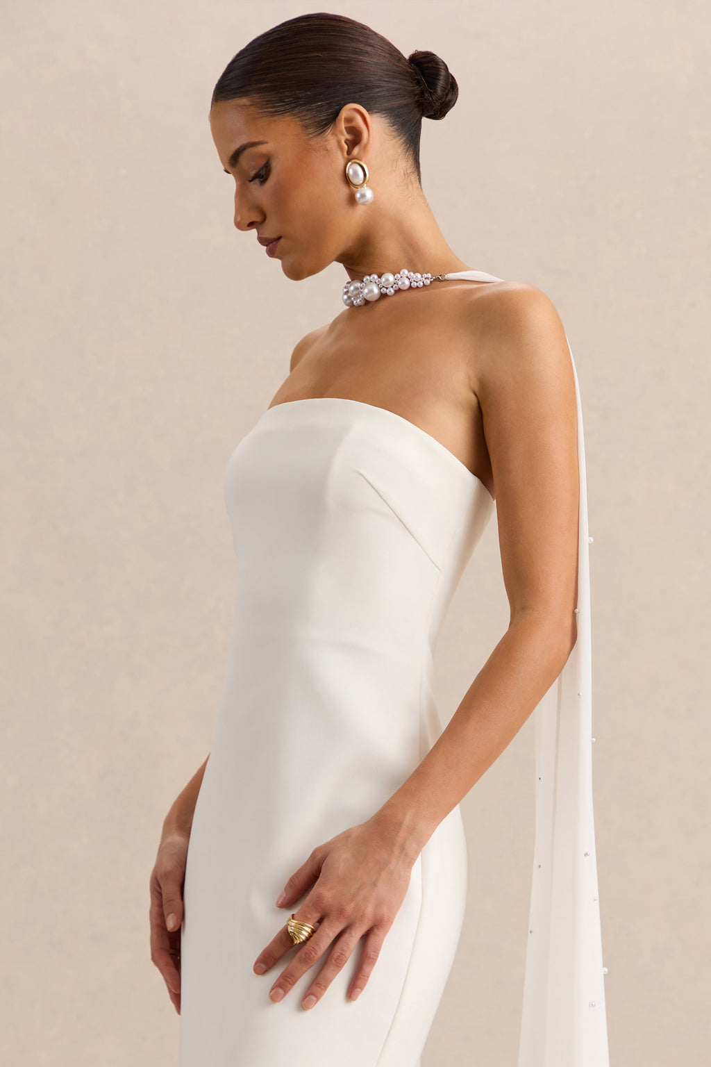 White Bandeau Cape Embellished Maxi Dress – Luxury Wedding Guest Evening Gown