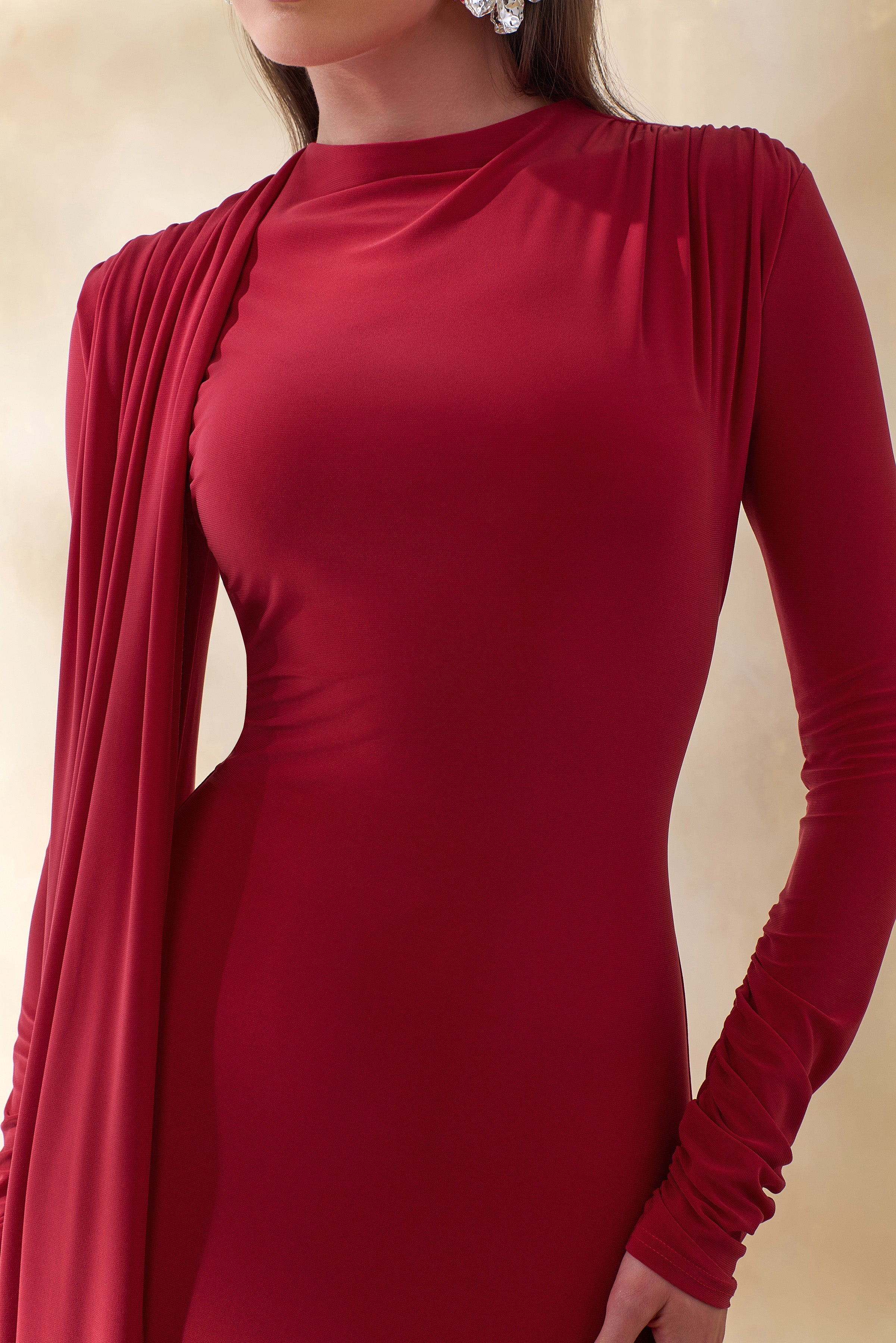 Red High Neck Sash Detail Maxi Dress – Elegant Wedding Guest Evening Gown