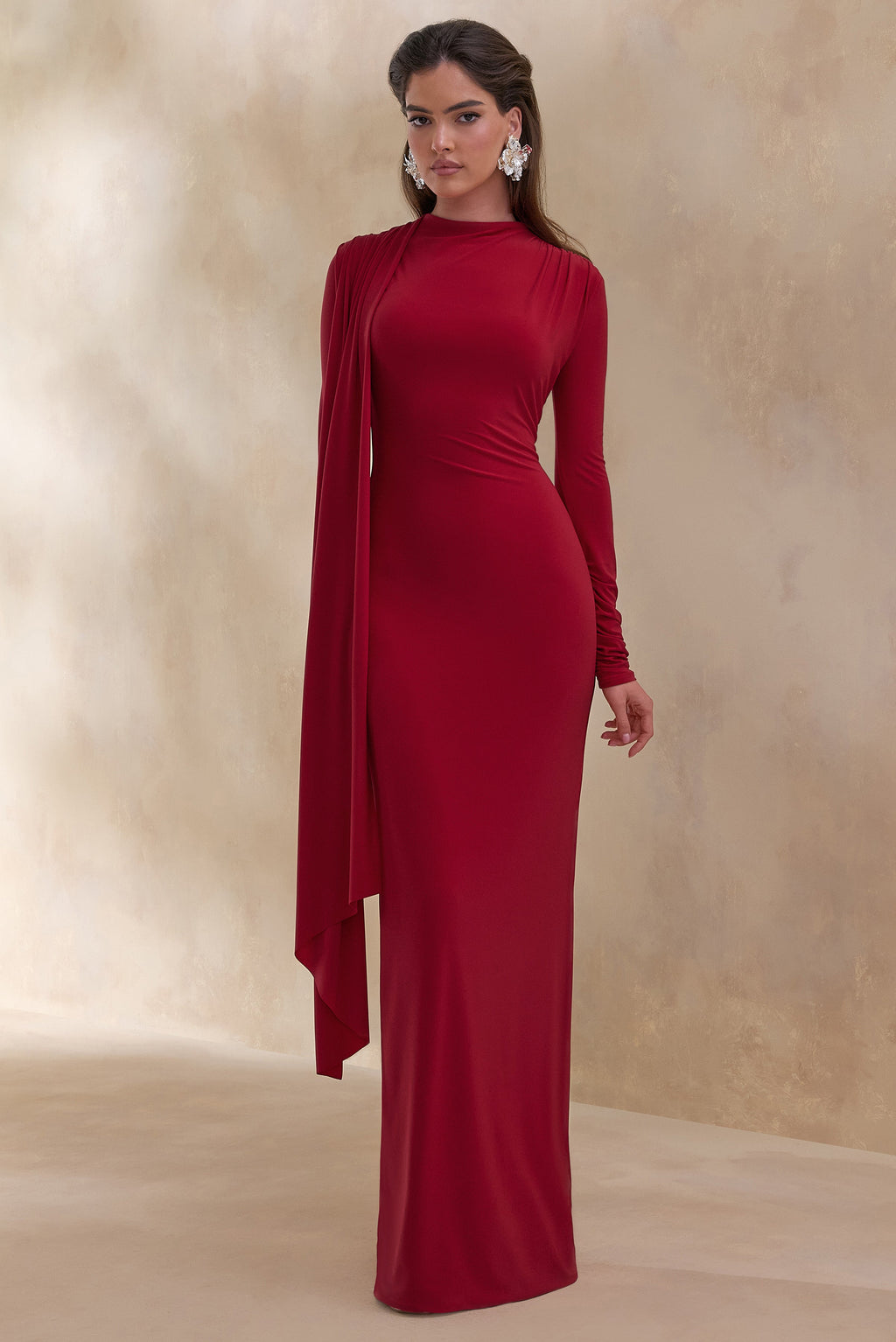 Red High Neck Sash Detail Maxi Dress – Elegant Wedding Guest Evening Gown
