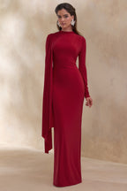Red High Neck Sash Detail Maxi Dress – Elegant Wedding Guest Evening Gown