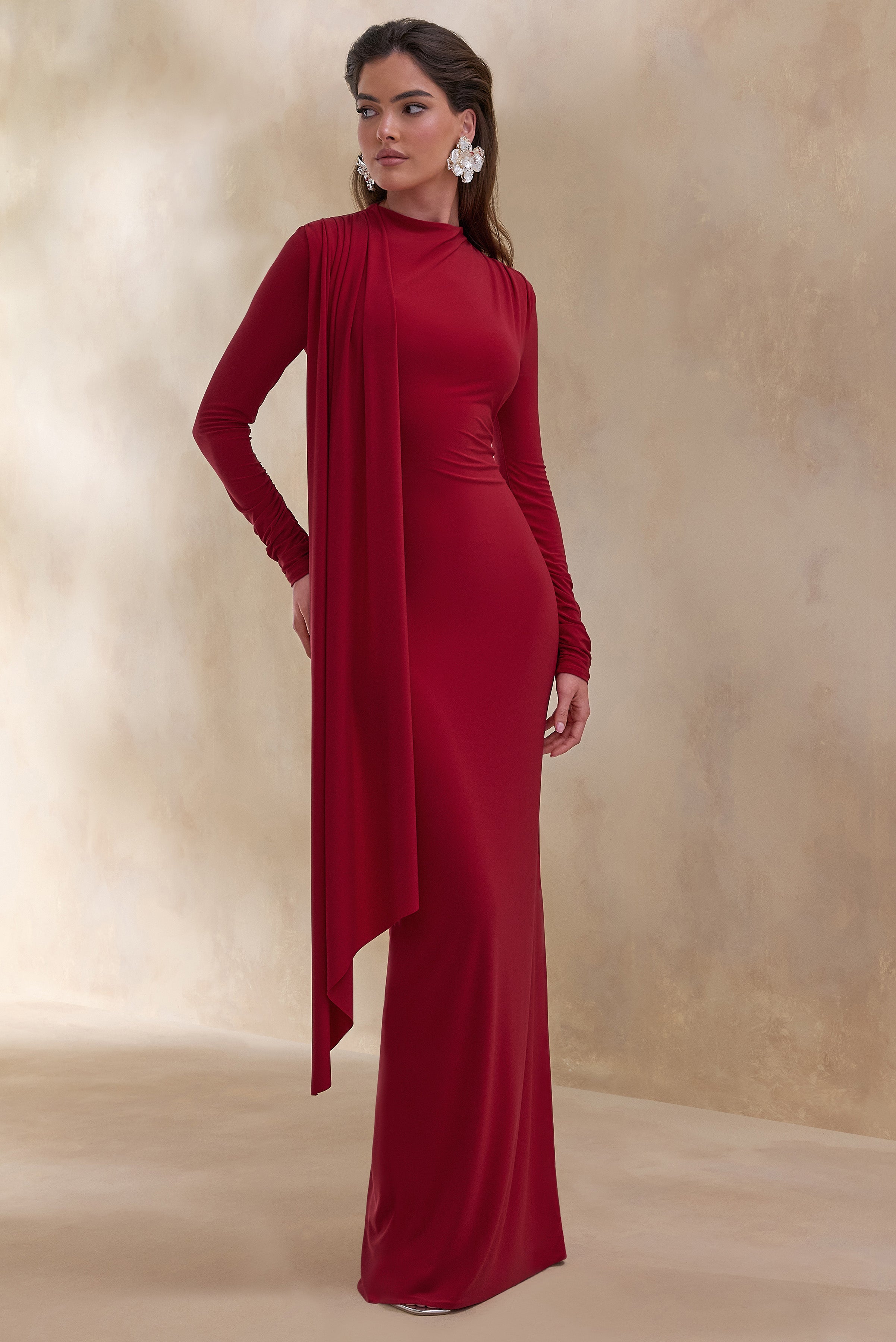 Red High Neck Sash Detail Maxi Dress – Elegant Wedding Guest Evening Gown