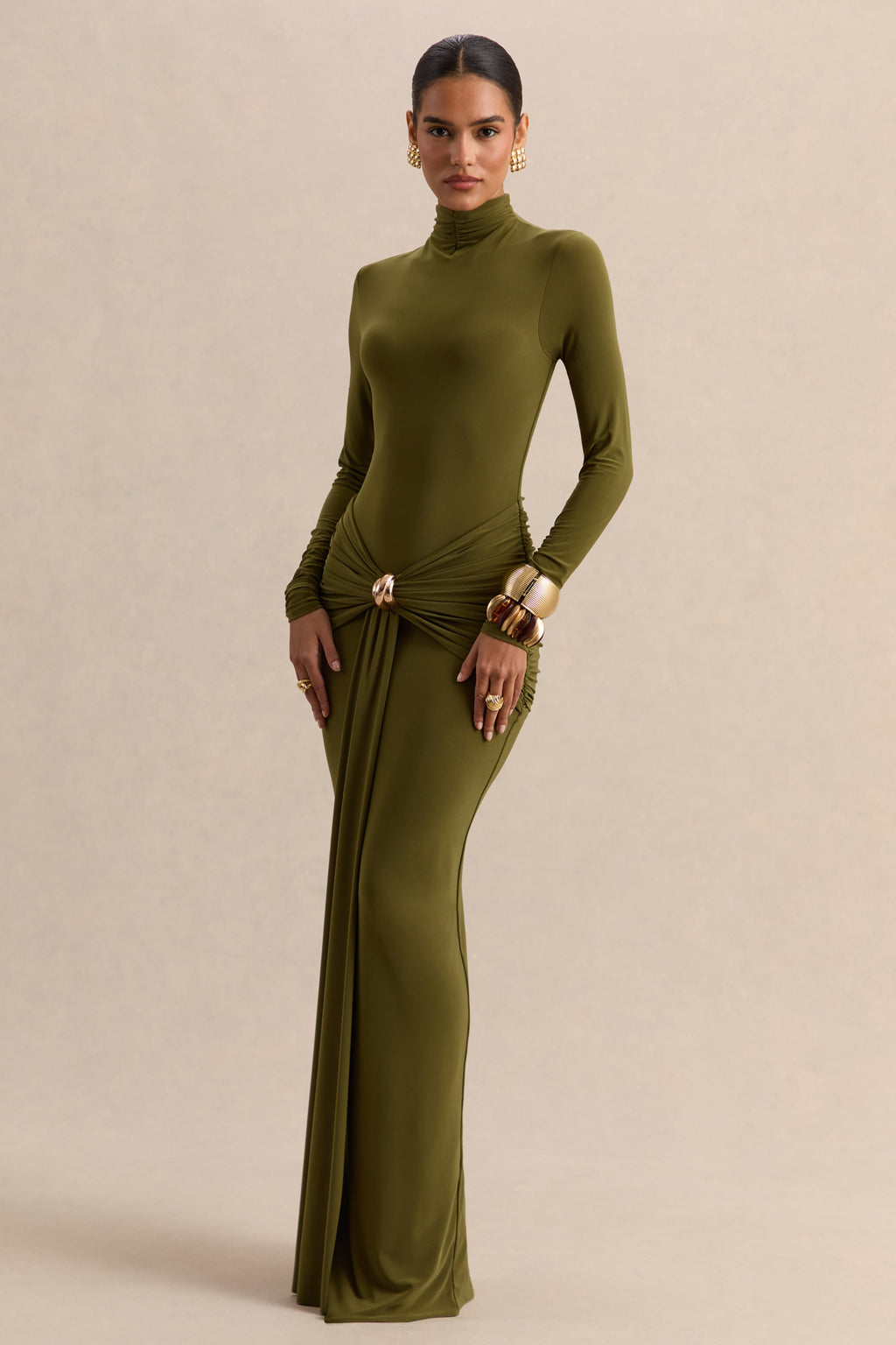 Olive High Neck Ruched Maxi Dress – Luxury Wedding Guest Evening Gown
