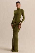 Olive High Neck Ruched Maxi Dress – Luxury Wedding Guest Evening Gown