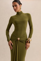 Olive High Neck Ruched Maxi Dress – Luxury Wedding Guest Evening Gown