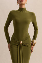 Olive High Neck Ruched Maxi Dress – Luxury Wedding Guest Evening Gown