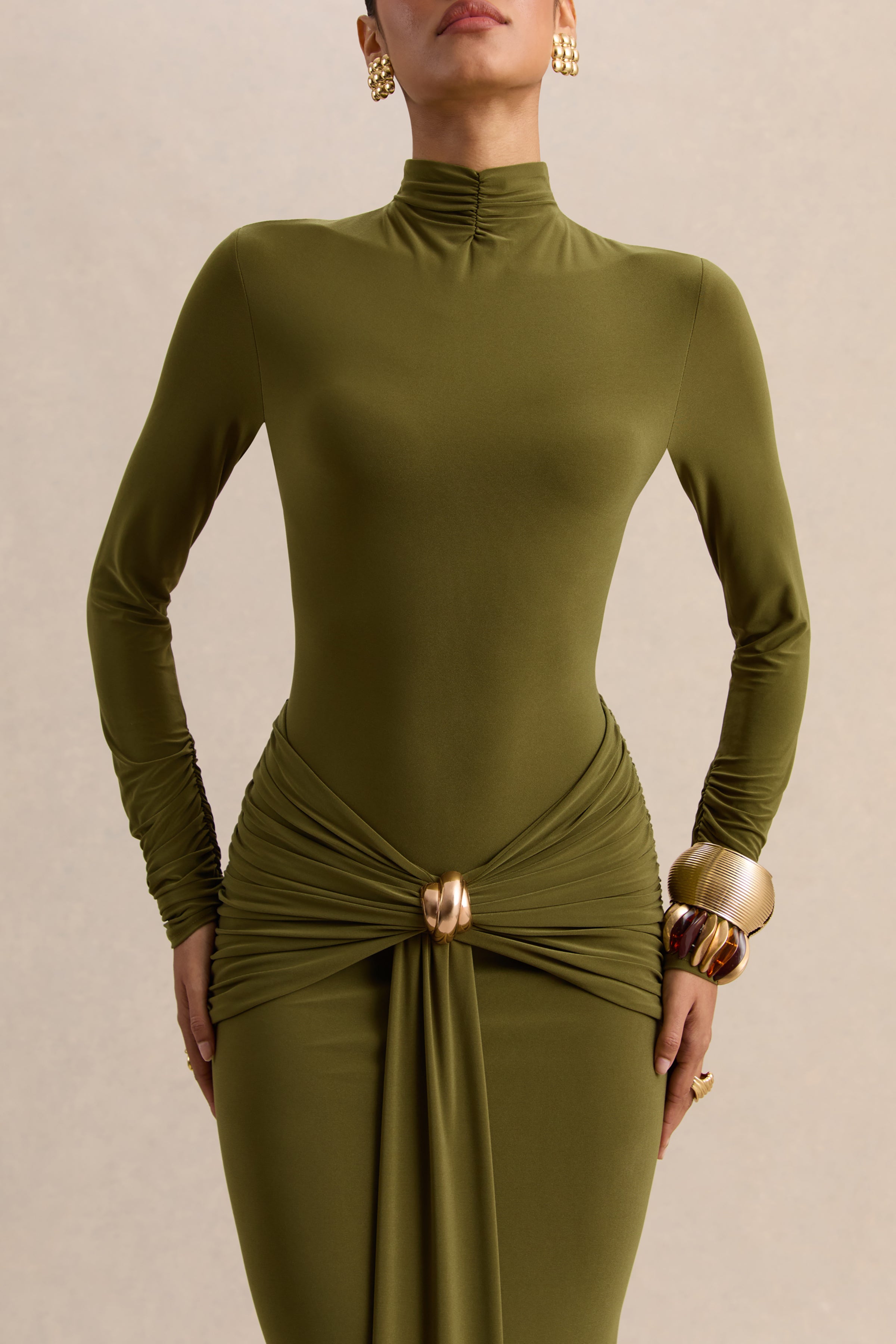 Olive High Neck Ruched Maxi Dress – Luxury Wedding Guest Evening Gown