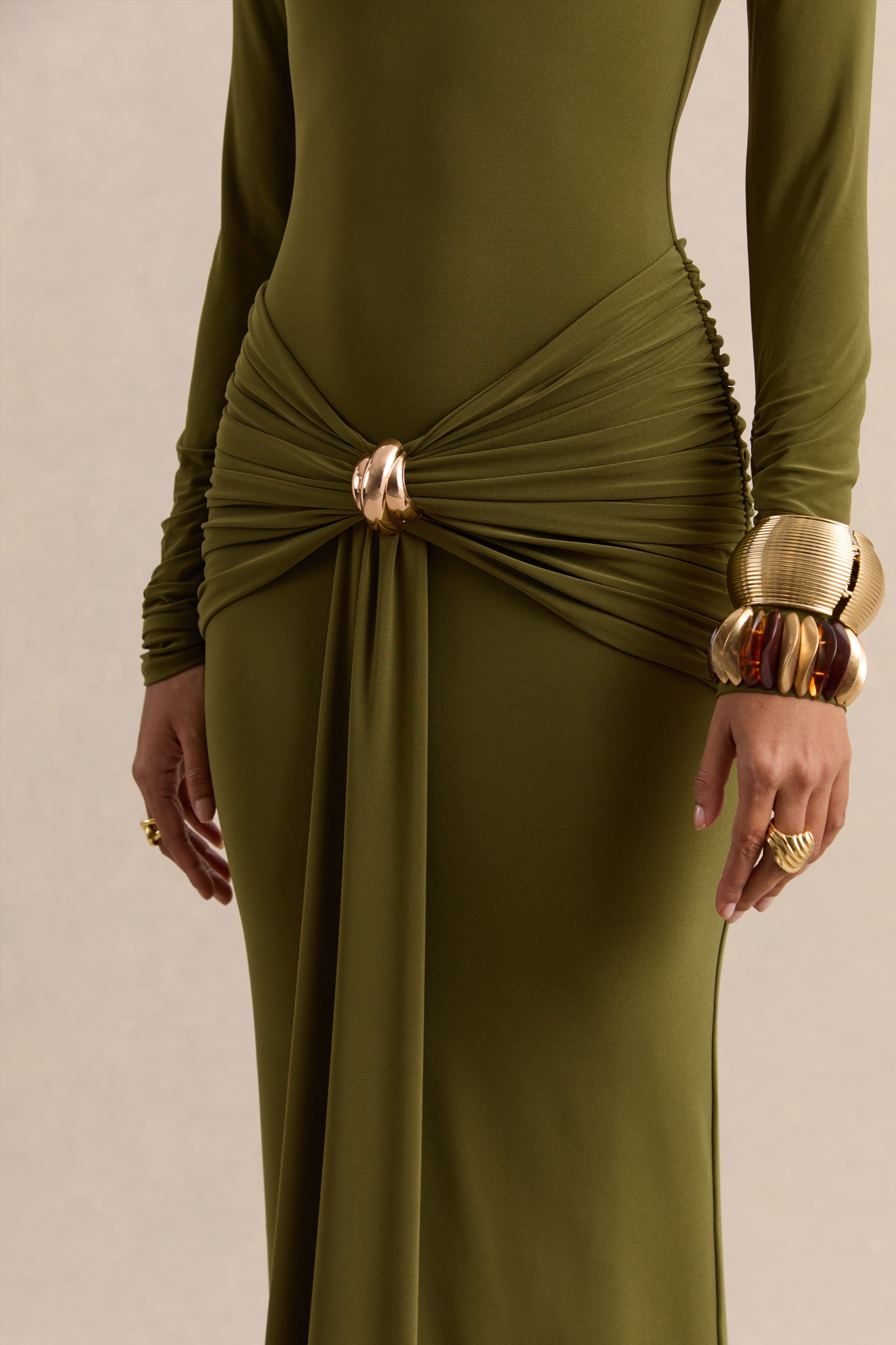 Olive High Neck Ruched Maxi Dress – Luxury Wedding Guest Evening Gown