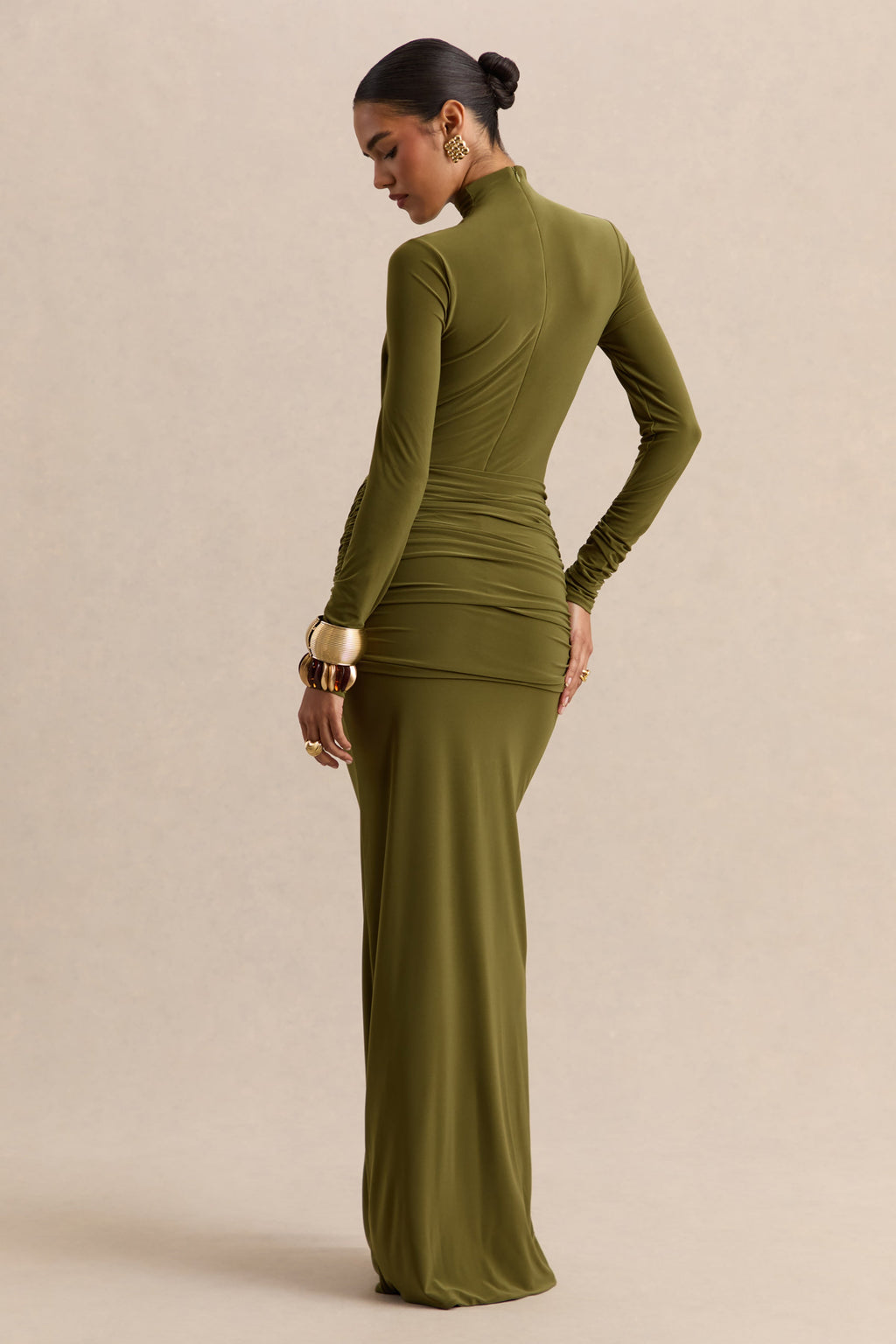 Olive High Neck Ruched Maxi Dress – Luxury Wedding Guest Evening Gown