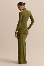 Olive High Neck Ruched Maxi Dress – Luxury Wedding Guest Evening Gown