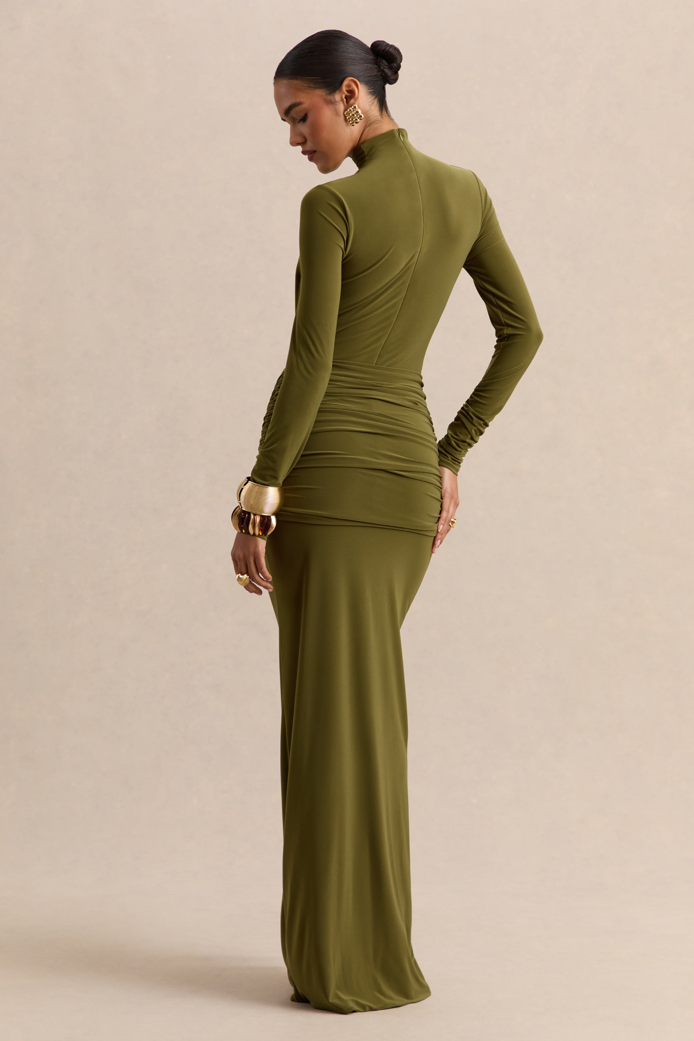 Olive High Neck Ruched Maxi Dress – Luxury Wedding Guest Evening Gown
