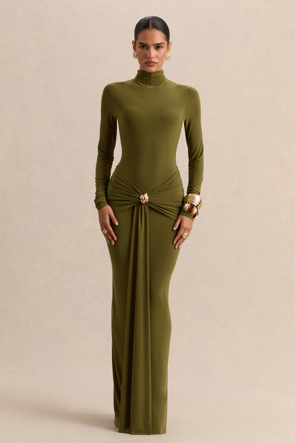 Olive High Neck Ruched Maxi Dress – Luxury Wedding Guest Evening Gown