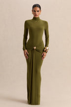 Olive High Neck Ruched Maxi Dress – Luxury Wedding Guest Evening Gown