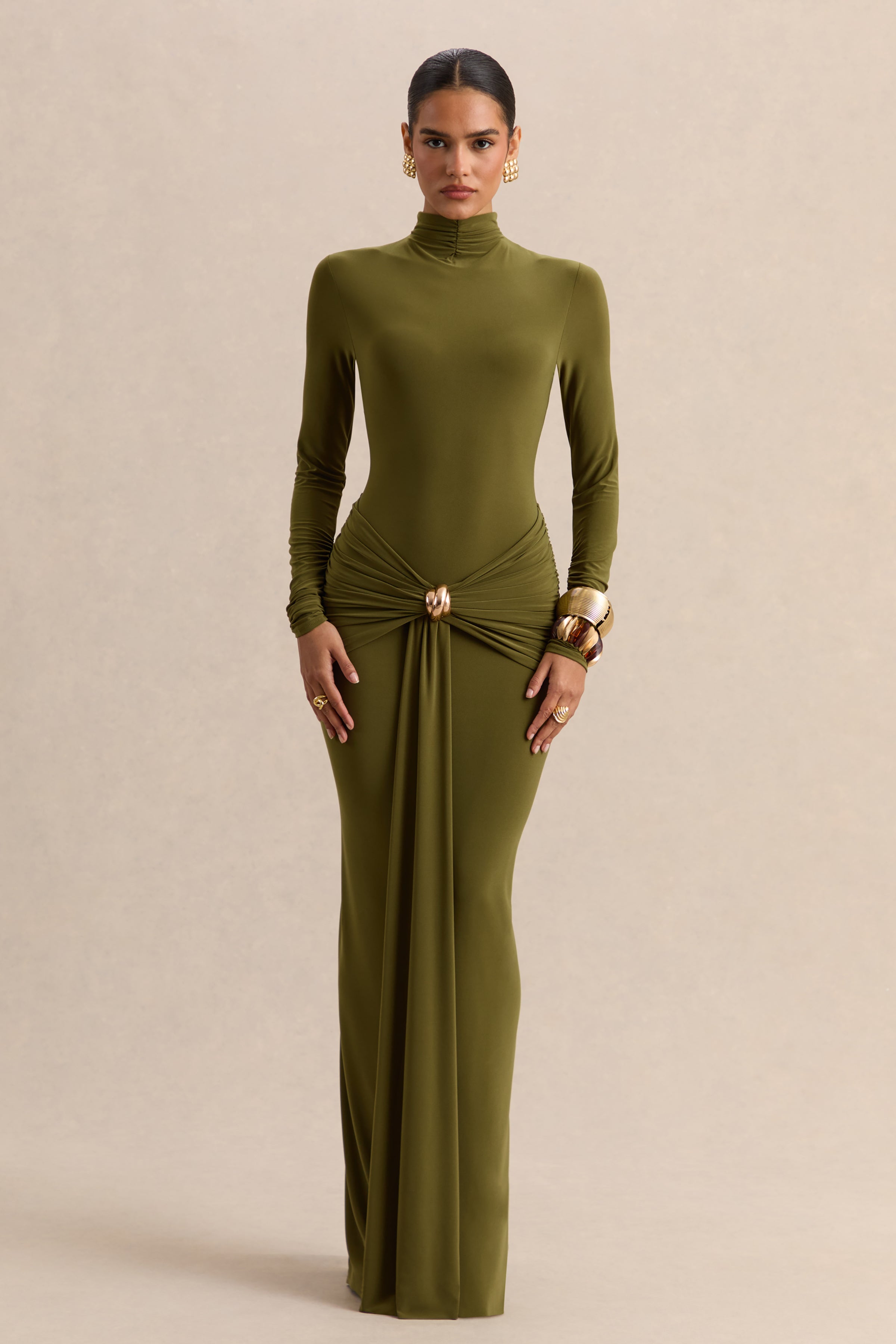 Olive High Neck Ruched Maxi Dress – Luxury Wedding Guest Evening Gown