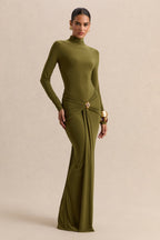 Olive High Neck Ruched Maxi Dress – Luxury Wedding Guest Evening Gown