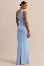 Powder Blue Satin Asymmetric Draped Maxi Dress – Elegant Wedding Guest Evening Gown