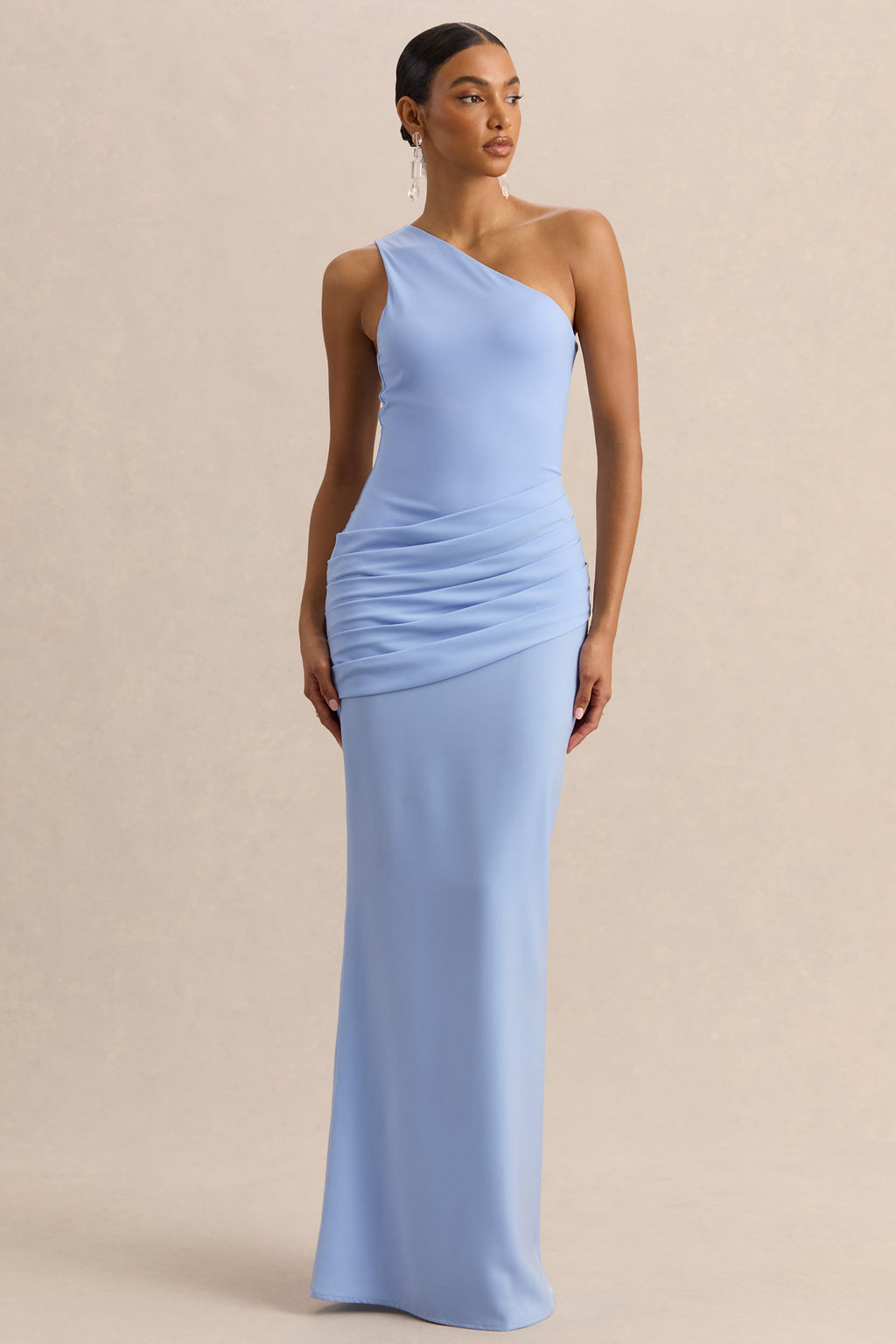 Powder Blue Satin Asymmetric Draped Maxi Dress – Elegant Wedding Guest Evening Gown