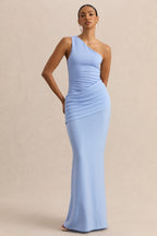 Powder Blue Satin Asymmetric Draped Maxi Dress – Elegant Wedding Guest Evening Gown