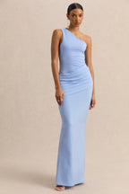 Powder Blue Satin Asymmetric Draped Maxi Dress – Elegant Wedding Guest Evening Gown