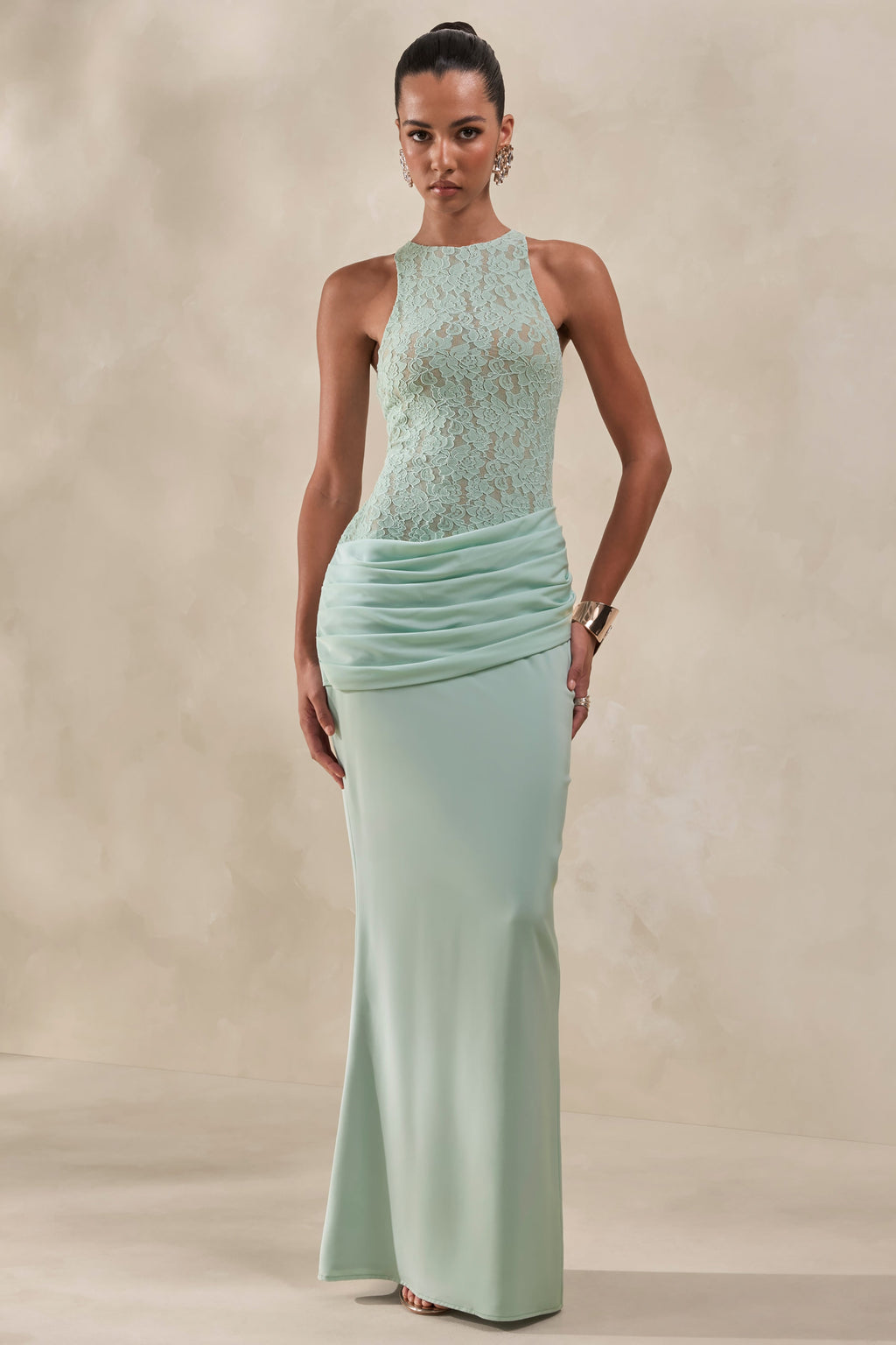 Mint Satin Lace Racer Neck Draped Maxi Dress – Elegant Wedding Guest Evening Gown