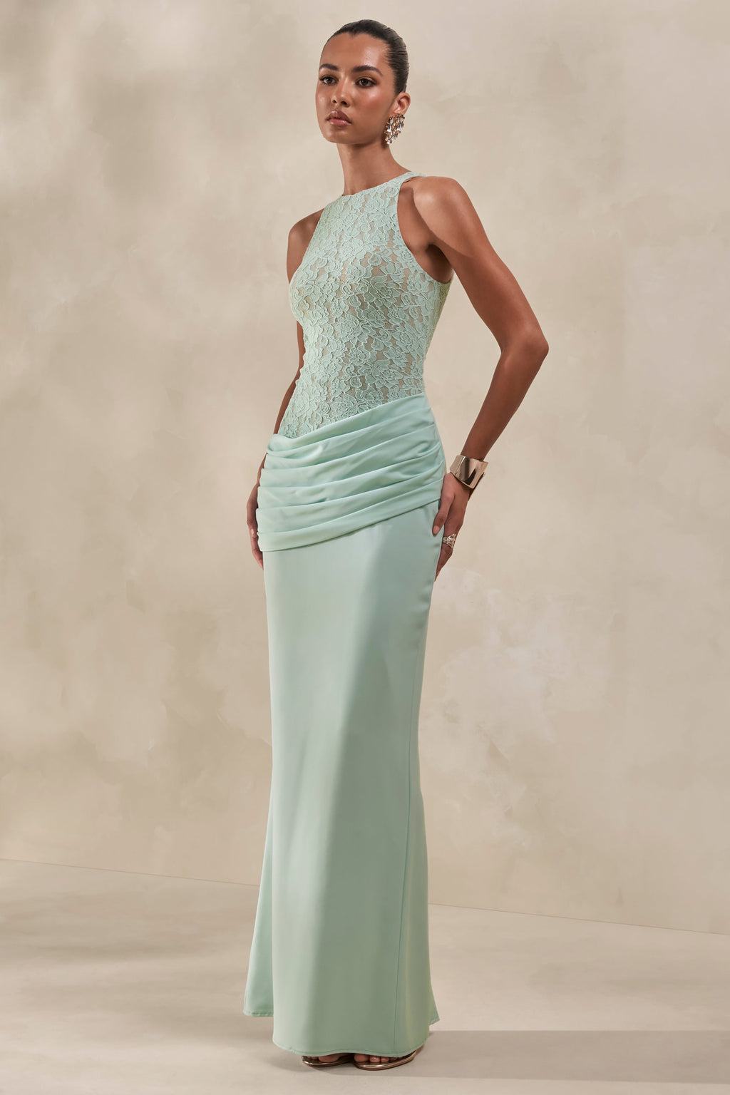 Mint Satin Lace Racer Neck Draped Maxi Dress – Elegant Wedding Guest Evening Gown