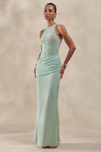 Mint Satin Lace Racer Neck Draped Maxi Dress – Elegant Wedding Guest Evening Gown