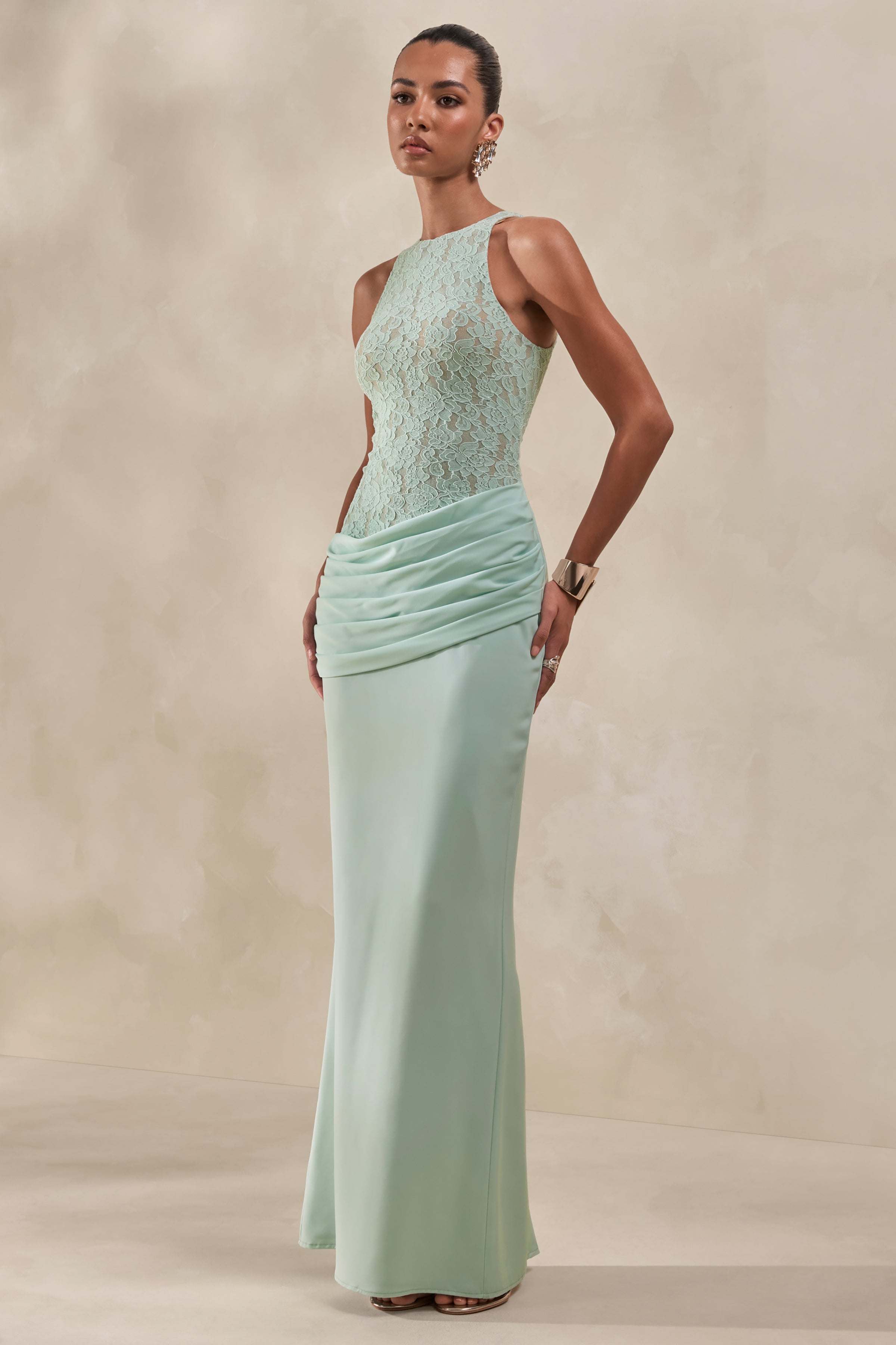 Mint Satin Lace Racer Neck Draped Maxi Dress – Elegant Wedding Guest Evening Gown