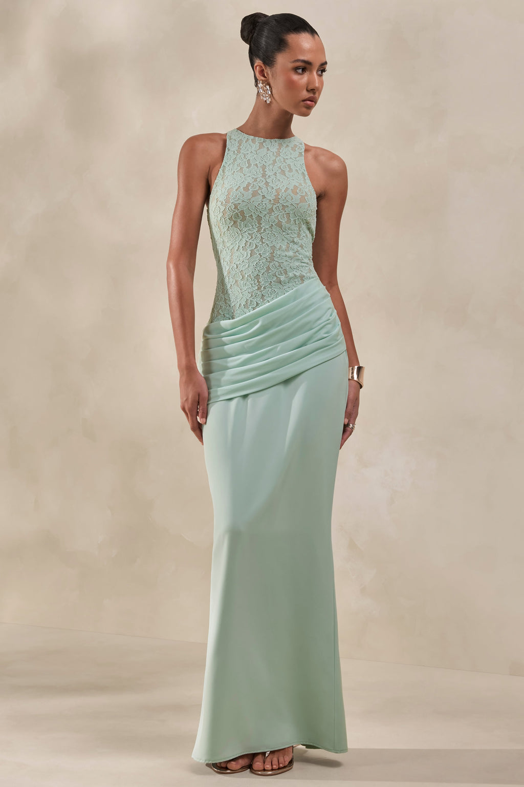 Mint Satin Lace Racer Neck Draped Maxi Dress – Elegant Wedding Guest Evening Gown