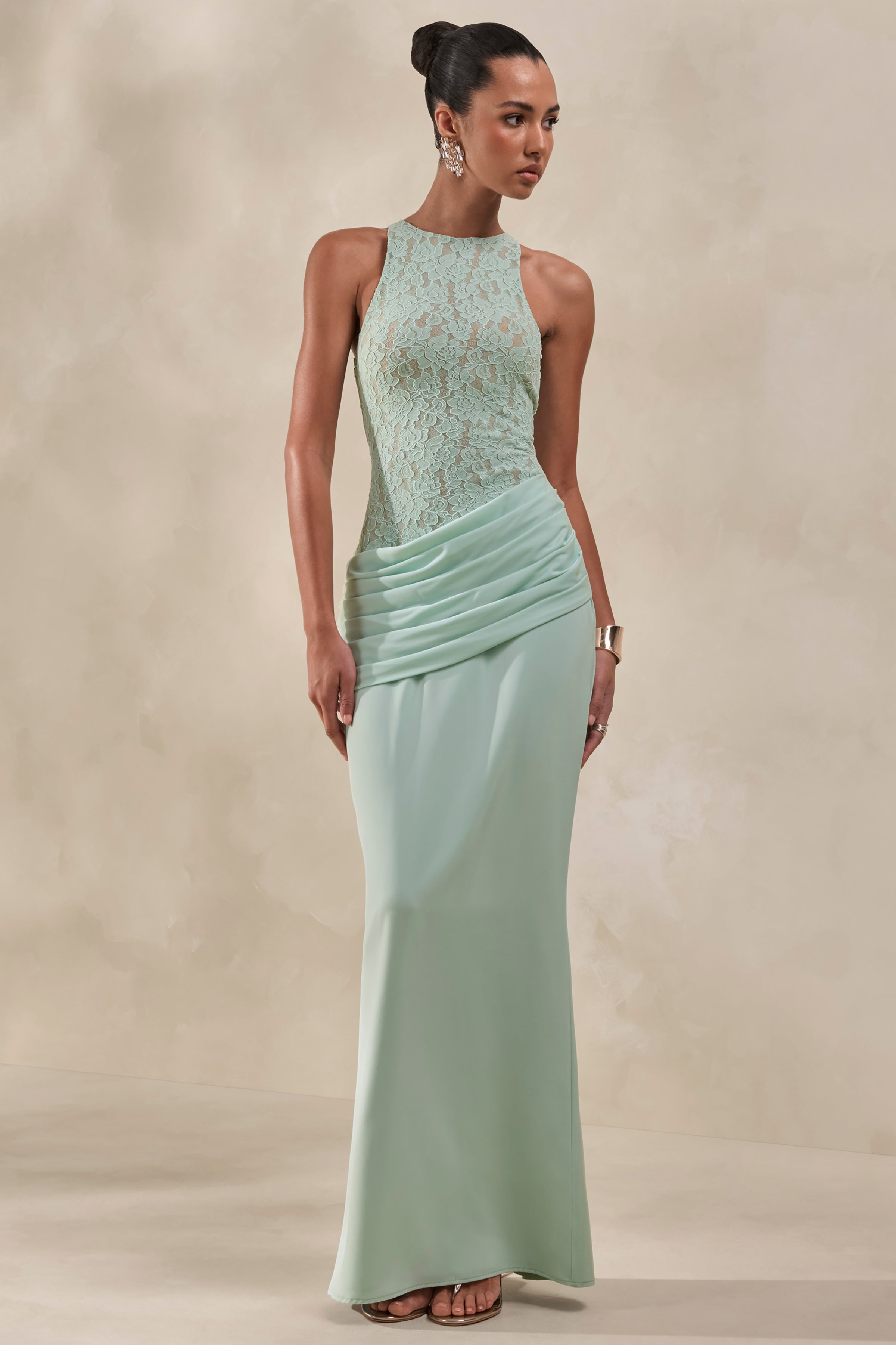 Mint Satin Lace Racer Neck Draped Maxi Dress – Elegant Wedding Guest Evening Gown