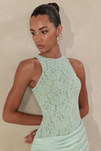 Mint Satin Lace Racer Neck Draped Maxi Dress – Elegant Wedding Guest Evening Gown
