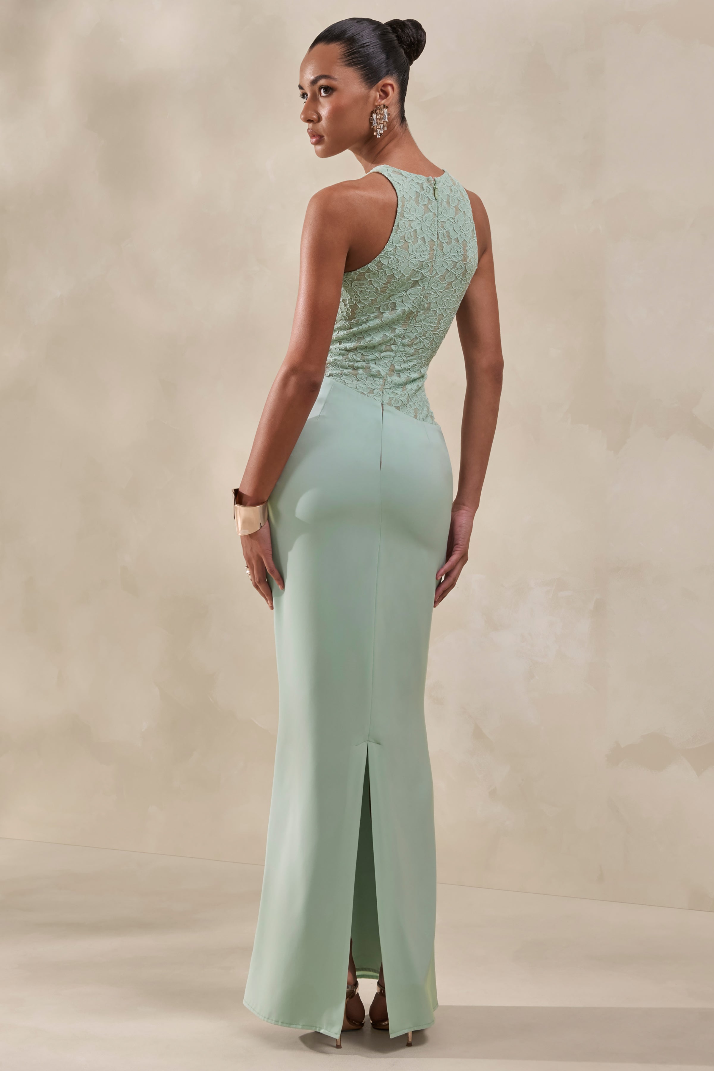 Mint Satin Lace Racer Neck Draped Maxi Dress – Elegant Wedding Guest Evening Gown