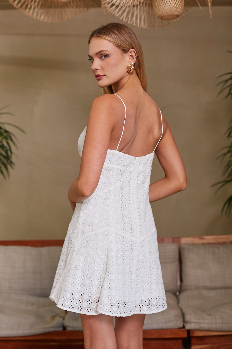 White Cotton Eyelet Tie Front Fit & Flare Mini Dress – Chic Bridesmaid Wedding Guest Outfit