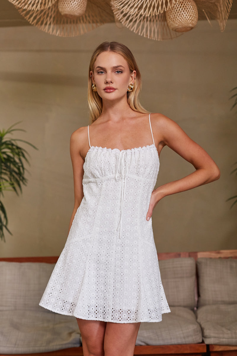White Cotton Eyelet Tie Front Fit & Flare Mini Dress – Chic Bridesmaid Wedding Guest Outfit