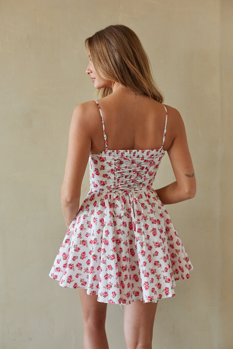 Corset Fit & Flare Tie-Up Back Smocked Mini Dress – Romantic Bridesmaid Wedding Guest Outfit