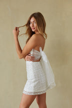 Sequin Pearl Embroidered Strapless Tulle Bow Mini Dress – Glamorous Bridesmaid Wedding Guest Party Outfit
